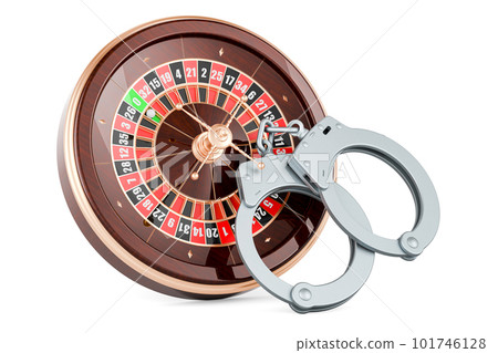 Handcuffs with casino roulette, 3D rendering 101746128