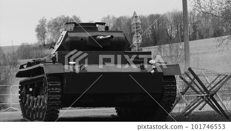 German Wehrmacht Light Panzer Tank Moves Into Position. German Wehrmacht World War Ii Automotive. Armored Combat Tank. Reconstruction Of Battles World War Ii. Black And White Video 101746553
