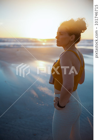 fit sports woman in fitness clothes at beach in evening 101746715