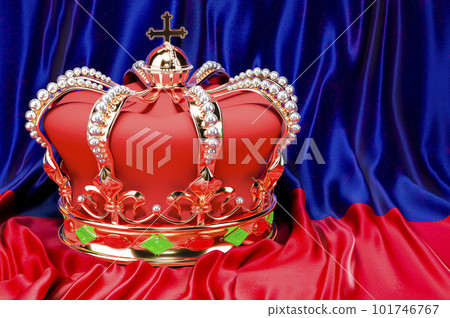 Royal golden crown with jewels on the Principality of Liechtenstein flag background, 3D rendering 101746767