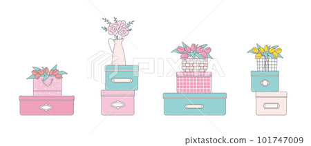 Girls room interior with boxes, bouquets of pink, yellow tulips. Flowers in a buskets. Vector flat illustrations for card, tag, package. 101747009