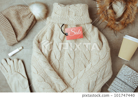 winter flat lay with hat, scarf, gloves and coffee cup winter flat lay with hat, scarf, gloves and coffee cup 101747440