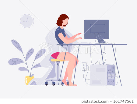 Woman working or studying online while at home. Freelancer sits at table with computer in informal clothes, wrapped in blanket and barefoot. Vector characters flat cartoon illustration. 101747561