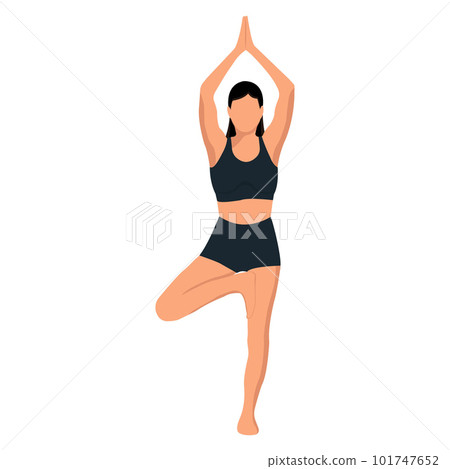 A faceless girl in a tree pose practices yoga. The concept of a healthy lifestyle. Isolated object on a white background. Vector image. A faceless girl in a tree pose practices yoga. The concept of a healthy lifestyle. Isolated object on a white background. Vector image. 101747652