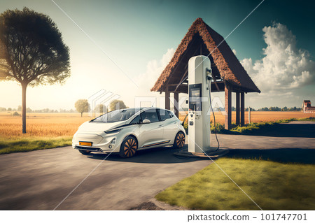electrical vehicle near widn powered charging station in daytime summer countryside environment, neural network generated art 101747701