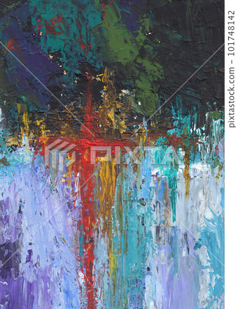 Abstract oil artwork hand painting. Red cross on colorful textured background. Grunge backdrop. Multicolored bright texture. Palette knife art. Contemporary art. Template for your design, projects. 101748142