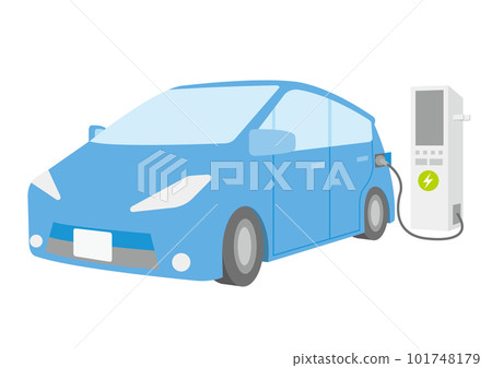 Illustration of a blue electric car being charged_4 101748179