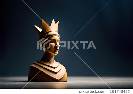 Illustration of a wooden carving of a queen chess piece with a realistic female human face and a crown - Generative AI Illustration of a wooden carving of a queen chess piece with a realistic female human face and a crown - Generative AI 101748425