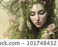 A fantasy art illustration of a mystical beautiful white Caucasian young woman surrounded by elements of nature - Generative AI 101748432