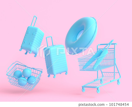 Colorful luggage with beach accessories and shopping basket on monochrome 101748454