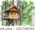 Water color painting of a wooden structure treehouse shelter in a forest of trees - Generative AI 101748544