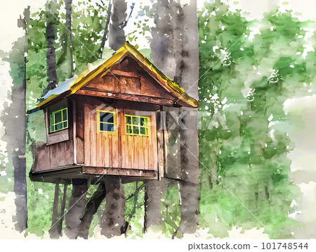 Water color painting of a wooden structure treehouse shelter in a forest of trees - Generative AI 101748544
