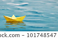 A single yellow paper boat floating on blue water - symbolic of adventurous future prospects - Generative AI 101748547