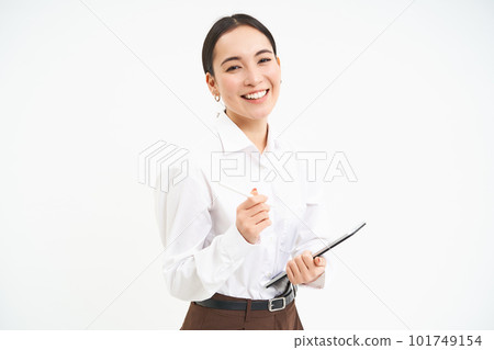 Beautiful asian woman, entrepreneur with digital tablet, working on business project, leading meeting and looking at notes on device, white background Beautiful asian woman, entrepreneur with digital tablet, working on business project, leading meeting and looking at notes on device, white background 101749154