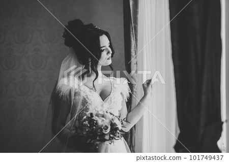 Beautiful fashion bride in wedding dress posing 101749437