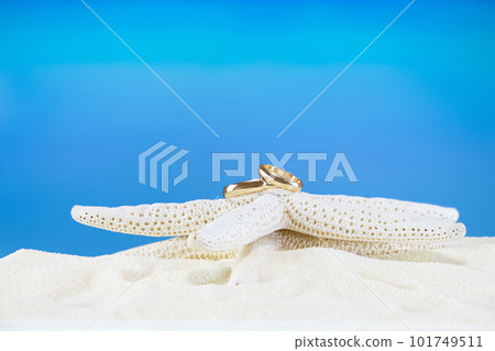 Wedding golden rings on white starfish on sandy beach. Marine decor with accessories for tropical wedding ceremony on summer background in hot country. Travel, relax, honeymoon 101749511