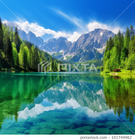 The lake reflects the sky , surrounded by trees and mountains . Generative AI 101749962