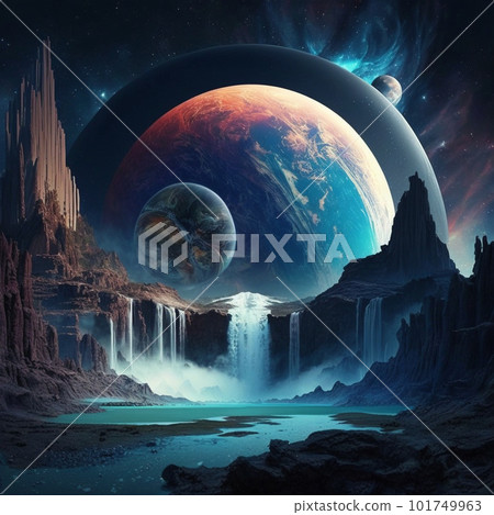 Fantasy planet with river on foreground . AI Generative 101749963