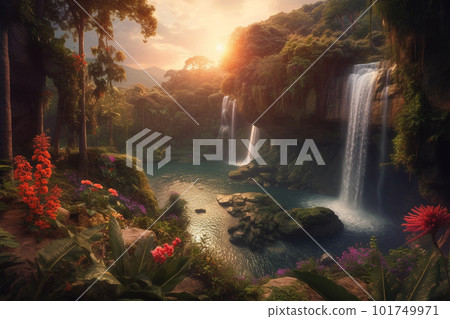 Fantasy landscape with waterfalls at sunset. Generative AI Fantasy landscape with waterfalls at sunset. Generative AI 101749971