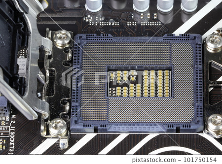 Opened cpu socket on modern motherboard Socket 1700. Opened cpu socket on modern motherboard Socket 1700. 101750154