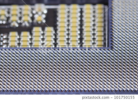 Close up of Central Processing Unit or CPU or microprocessor socket. golden contact facing up. Concept of new and advance technologies 101750155