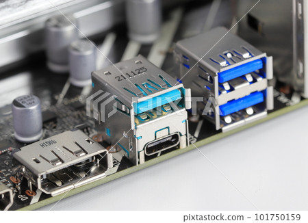 Multiple ports on modern computer mainboard show with Display port, USB 3.2 type A and type C, usb 3.1. 101750159