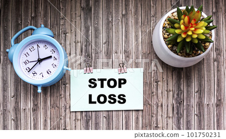 STOP LOSS. text on sticker and wooden background with clock and cactus flower 101750231