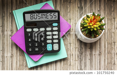 Business and finance concept. On a wooden table notepads, cactus, calculator with the text Business Business and finance concept. On a wooden table notepads, cactus, calculator with the text Business 101750240