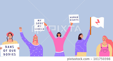 Abortion rights demonstration. Women protestors holding placards my body my choice and bans of our bodies. Supporting the protests against. Flat vector illustration in trendy colors Abortion rights demonstration. Women protestors holding placards my body my choice and bans of our bodies. Supporting the protests against. Flat vector illustration in trendy colors 101750398