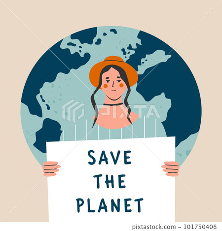 Eco-activist protest for climate change, global strike demand urgent action. woman marching on demonstration for protection of enviroment. Women holding Sve the planet poster. Flat vector illustration Eco-activist protest for climate change, global strike demand urgent action. woman marching on demonstration for protection of enviroment. Women holding Sve the planet poster. Flat vector illustration 101750408