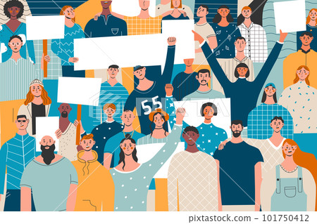 People with placards and posters. Group of protestors fist raised up in the air. Supporting the protests against. Crowd of mans and womans on demonstration. Flat vector illustration in trendy colors People with placards and posters. Group of protestors fist raised up in the air. Supporting the protests against. Crowd of mans and womans on demonstration. Flat vector illustration in trendy colors 101750412