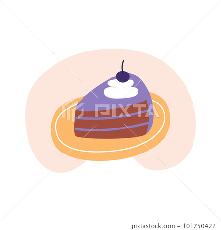 Piece of chocolate cake with maraschino cherry. Flat vector illustration in trendy colors, isolated on a white background Piece of chocolate cake with maraschino cherry. Flat vector illustration in trendy colors, isolated on a white background 101750422