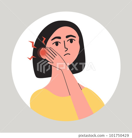 Young woman suffering from earache. Female with otitis, tinnitus, vertigo or enother hearing disease. Flat vector medical illustration 101750429