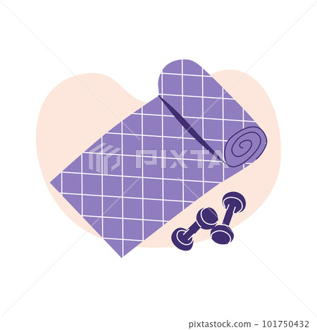 Training sport yoga mat with dumbbels. Flat vector illustration in trendy colors 101750432
