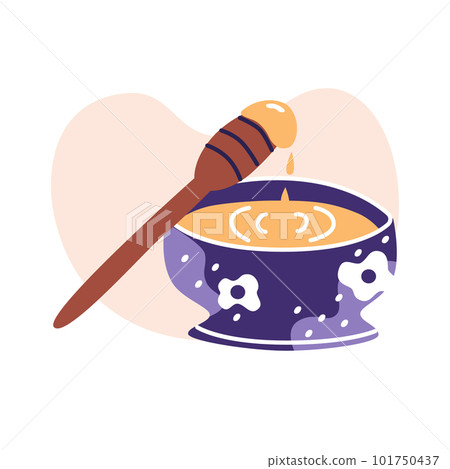 Bowl of honey with wooden stick or dipper. Retro floral ceramic.. Modern flat cartoon vector illustration, isolated on a white background 101750437