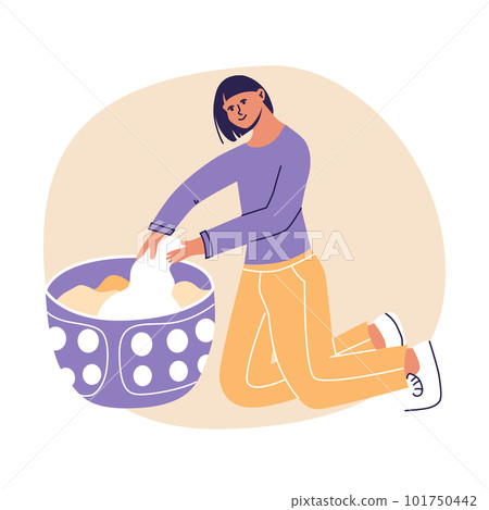 Young woman with laundry basket Laundromat, household scene. Concept of cleaning. Flat cartoon vector illustrtion, trendy colors, isolated on white background Young woman with laundry basket Laundromat, household scene. Concept of cleaning. Flat cartoon vector illustrtion, trendy colors, isolated on white background 101750442