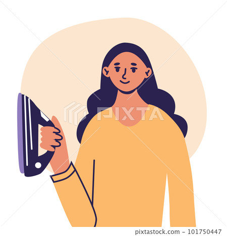 Woman holding an iron. Housewife ironing, doing daily routine home work. Flat cartoon vector illustrtion, trendy colors, isolated on white background 101750447