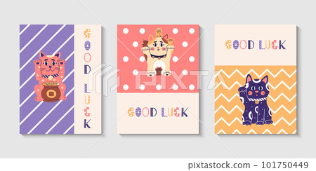 Maneki neko post card set, japanese lucky cat, fortune symbol. Cute kitty character of oriental flat vector illustration 101750449