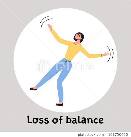 Young woman loss of balansce. Female feeling unwell and start falls. Flat vector medical symptoms ilustration Young woman loss of balansce. Female feeling unwell and start falls. Flat vector medical symptoms ilustration 101750450