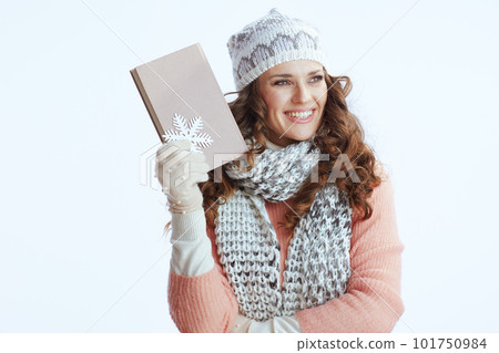 happy trendy woman in sweater, mittens, hat and scarf on white happy trendy woman in sweater, mittens, hat and scarf on white 101750984