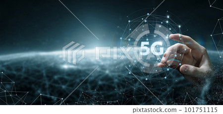 Hand clicks on 5G internet data speed . Hand clicks on 5G internet data speed . 101751115
