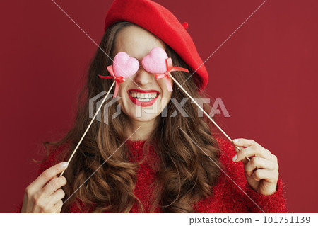 happy stylish woman with long wavy hair 101751139