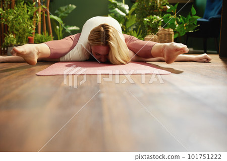 modern housewife at modern green home stretching modern housewife at modern green home stretching 101751222