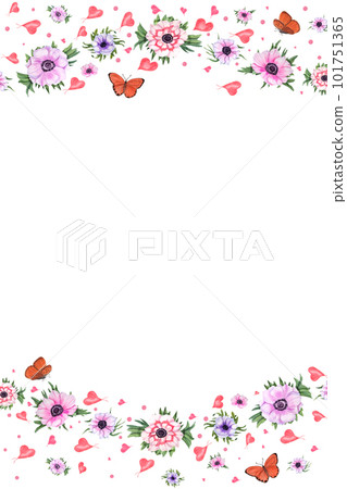 Watercolor celebration restangle card with anemones, butterflies, hearts isolated on white background . Illustration for greeting, birthday card design, invitation template, prints, party decoration Watercolor celebration restangle card with anemones, butterflies, hearts isolated on white background . Illustration for greeting, birthday card design, invitation template, prints, party decoration 101751365
