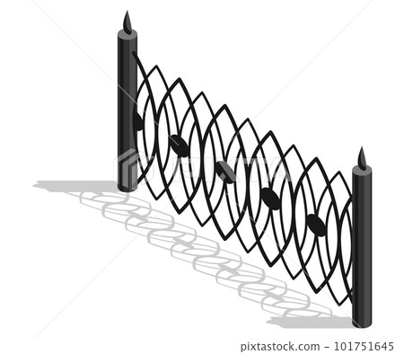 Isometric fence icon. Urban real estate boundary element. Spans fences of steel or iron materials. For gaming environment, app or web design 101751645