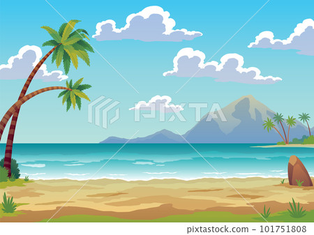 Tropical island with palm trees and yellow sand in ocean. Uninhabited isle beach, rocks surrounded sea water. Empty land and no people. Exotic natural landscape for vacation or summer weekend holiday Tropical island with palm trees and yellow sand in ocean. Uninhabited isle beach, rocks surrounded sea water. Empty land and no people. Exotic natural landscape for vacation or summer weekend holiday 101751808