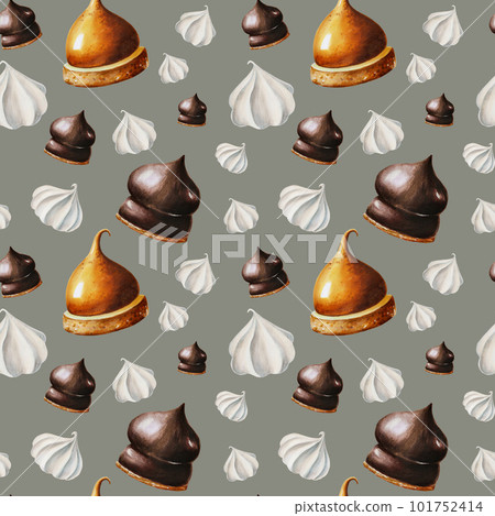 Watercolor seamless pattern with meringue, chocolate marshmallows, orange souffle. Hand painting sweet on a white isolated background. For designers, menu, shop, bar, bistro, restaurant, for postcards 101752414