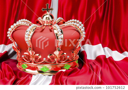 Royal golden crown with jewels on the Kingdom of Denmark flag background, 3D rendering Royal golden crown with jewels on the Kingdom of Denmark flag background, 3D rendering 101752612