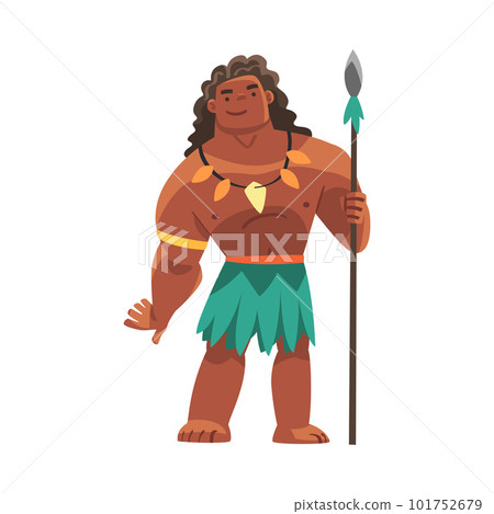 Hawaiian Man Character with Necklace and Palm Skirt Standing Holding Spear Vector Illustration 101752679