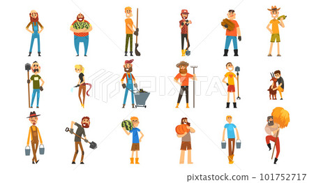 Happy Man Farmer with Garden Tool Standing and Smiling Vector Set Happy Man Farmer with Garden Tool Standing and Smiling Vector Set 101752717